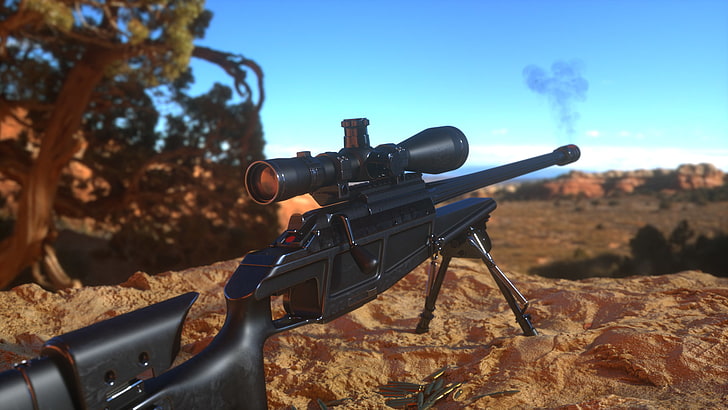 3D, gun, sniper rifle, weapon, day, nature, sunlight, land