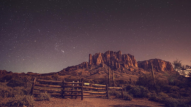 brown hill, desert, night, stars, rock, landscape, star - space