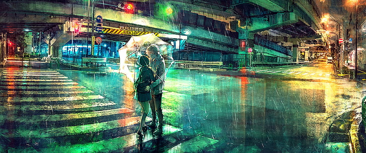 man and woman under umbrella wallpaper, colorful, overpass, rain