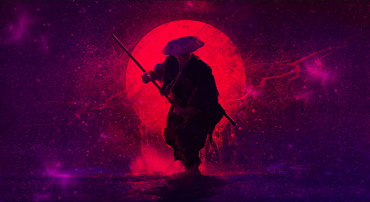 purple sun, bloody sun, space, sunset, samurai, Buddhist mood