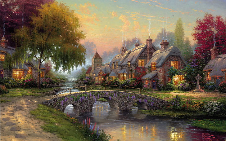 Art painting, cobblestone bridge, cottage, river, houses, trees, houses near bridge and river painting