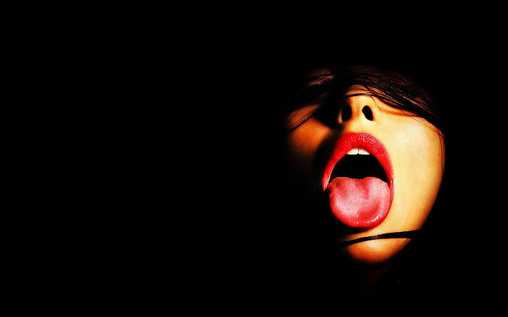 women, face, open mouth, dark, tongues, model, red, black, lips