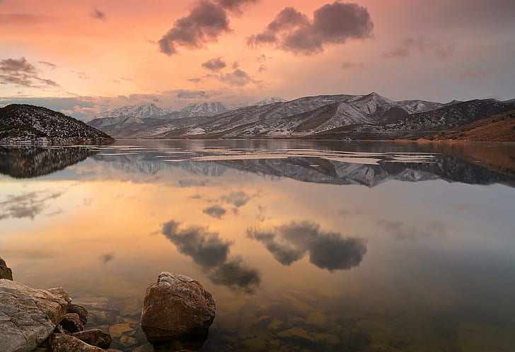 landscape, lake, reflection, winter, snow, ice, mountains, HD wallpaper