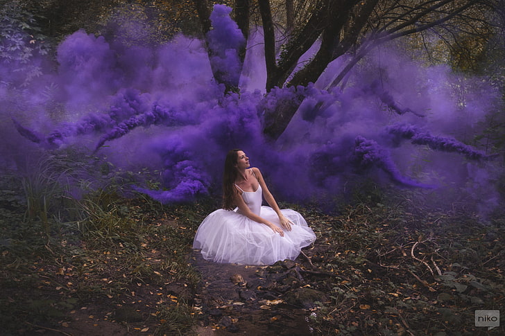 Niko Photographisme, women, 500px, smoke, purple, nature, model, HD wallpaper