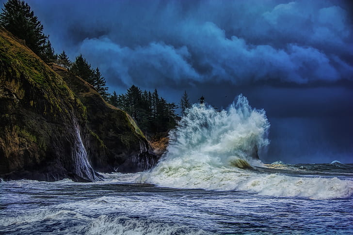 nature, sea, waves, dark, sky, water, cliff, HD wallpaper