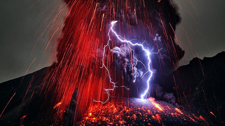 lava with lightning digital wallpaper, nature, landscape, volcano