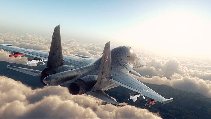 grey jet plane flying through sky, air force, jet fighter, Sukhoi
