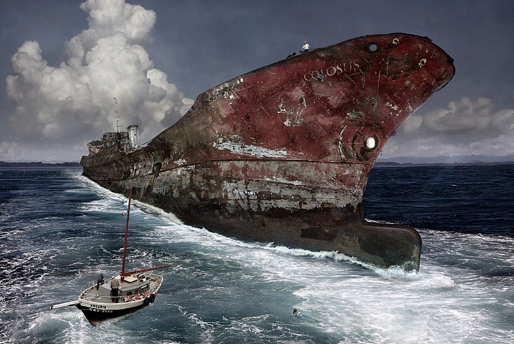 digital art, wreck, sea, ship, nautical vessel, water, transportation, HD wallpaper