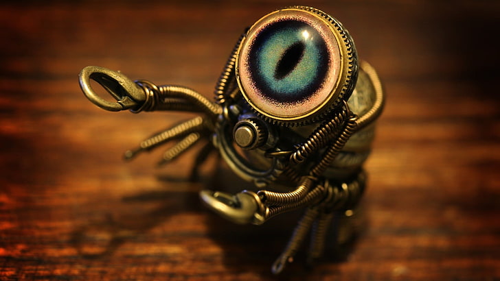 brass-colored insect table decor, artwork, robot, spider, wood - material, HD wallpaper