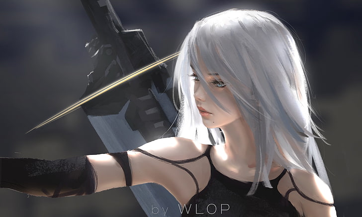 female gray haired animated character with black hilt sword, digital art