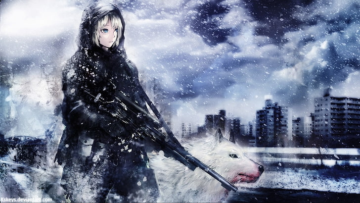 female anime character illustration, female soldier with white wolf digital wallpaper