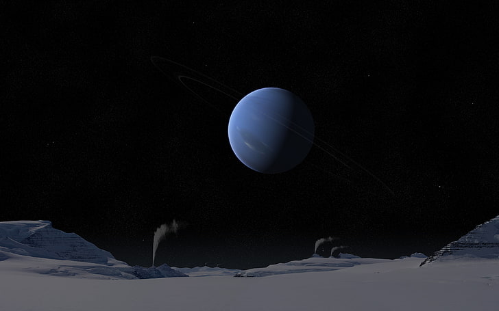planet neptune, cold, the sky, surface, snow, night, ring, stars
