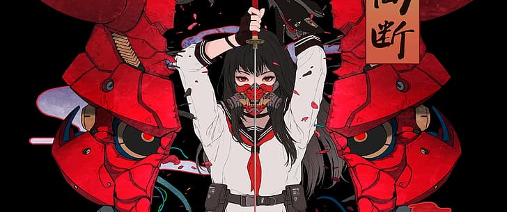 anime, anime girls, red eyes, gas masks, black hair, Cyberpunk 2077, HD wallpaper