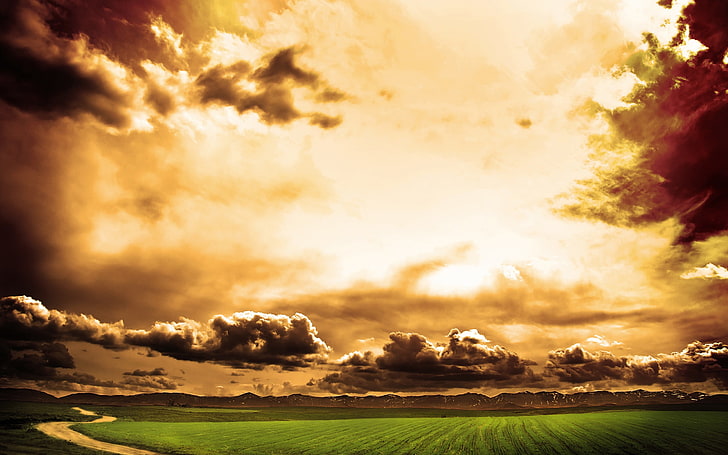 green grass field, sky, clouds, landscape, cloud - sky, beauty in nature