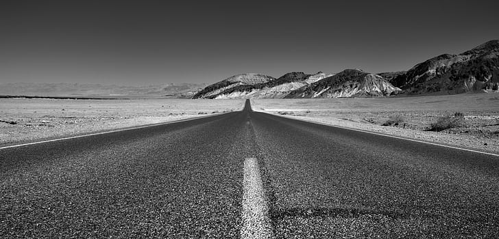 grayscale photography of pavement road near mountain, Colors