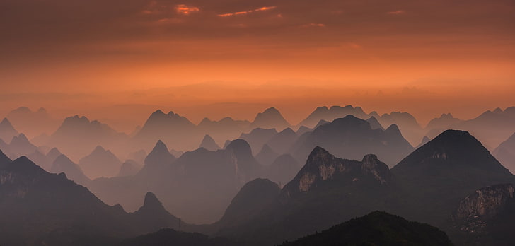 landscape, nature, lace, China, mountains, mist, Guilin, amber, HD wallpaper