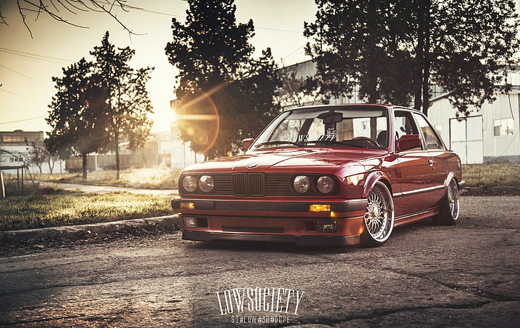 red BMW E32 coupe, car, the sun, Blik, low, e30, 3 series, stance