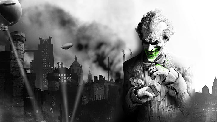 Batman arkham city, The joker, Smile, Jacket, Black and white, HD wallpaper
