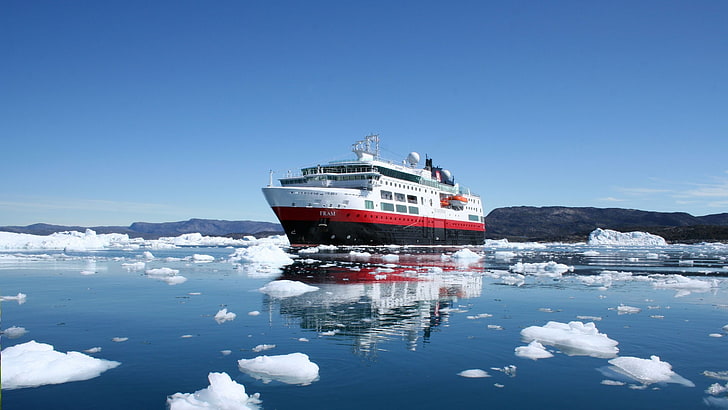 ship, Greenland, sea, ice, iceberg, glaciers, nature, hills