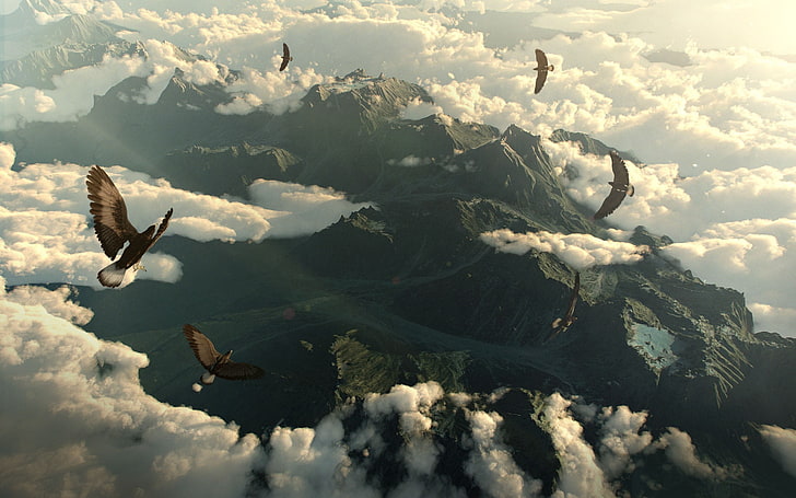 flock of birds, The Hobbit, movies, cloud - sky, beauty in nature, HD wallpaper