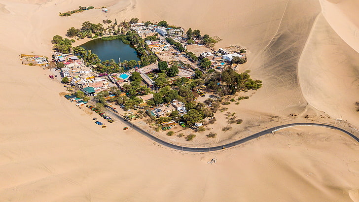 bird's eye photography of village, sand, desert, lake, aerial view