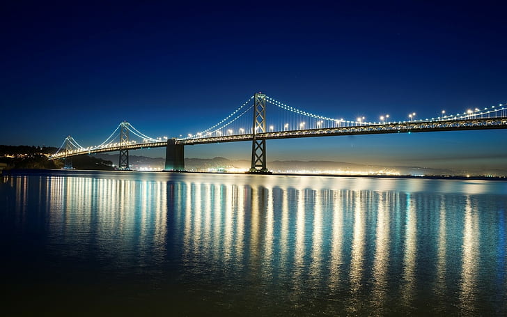 San Francisco, Bay Bridge, lights, reflection, river, HD wallpaper