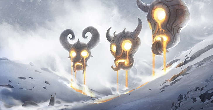 three skull illustrations, fantasy art, wizard, snow, mask, winter, HD wallpaper