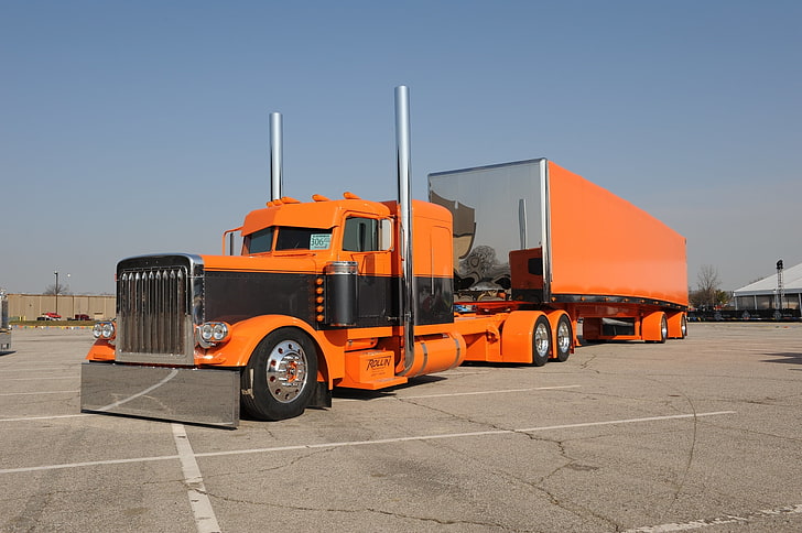 orange freight truck, custom, peterbilt, transportation, semi-Truck, HD wallpaper