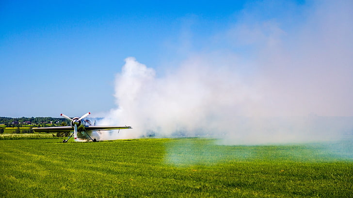 green grass field, airplane, smoke, plant, land, nature, environment