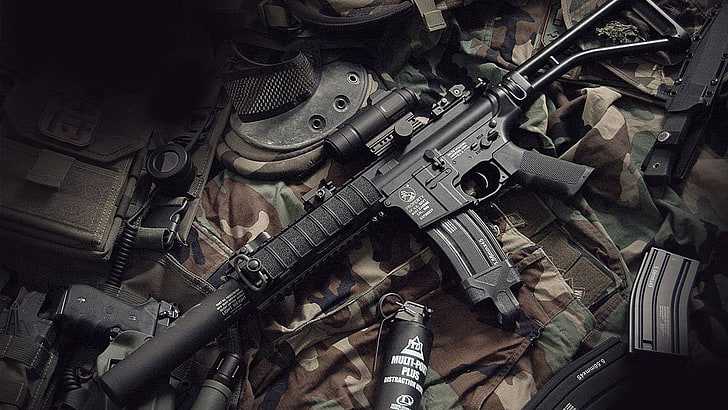 black assault rifle, gun, pomegranate, knife, machine, camouflage, HD wallpaper