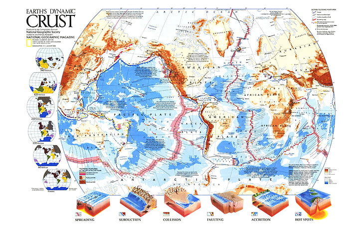earth's dynamic crust illustration, diagrams, map, National Geographic