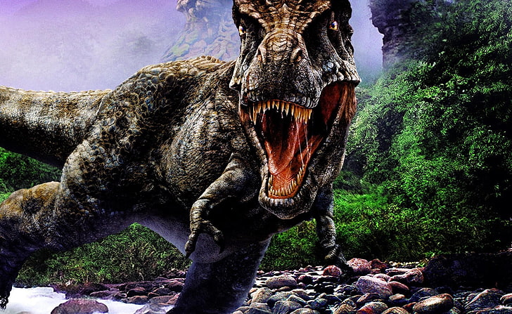 brown dinosaur wallpaper, jaws, aggression, stones, trees, animal, HD wallpaper