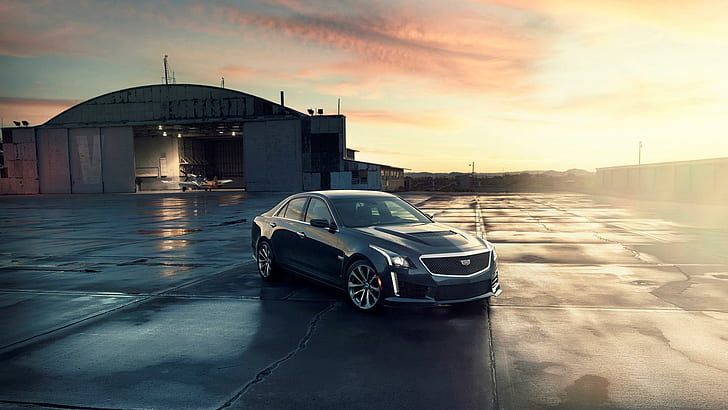Cadillac CTS-V 2016, black sedan, cars, games, sunrise, HD wallpaper