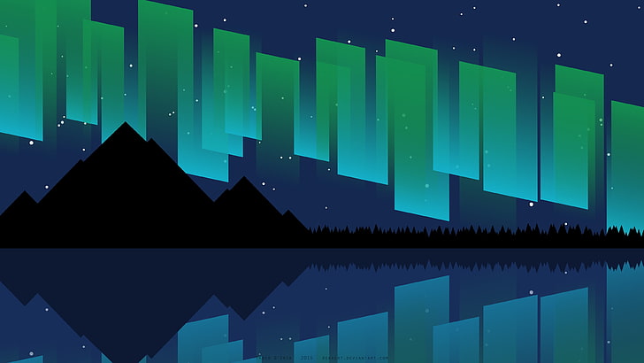 illustration of mountain and green aurora, sea, mountains, digital art
