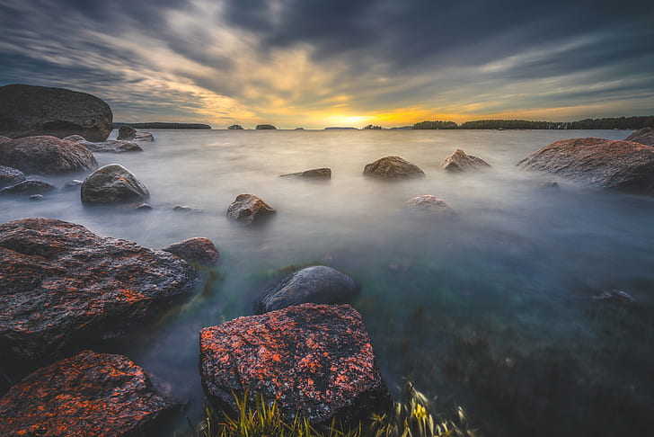 timelapse photo of body of water with rock formation during sunset, HD wallpaper