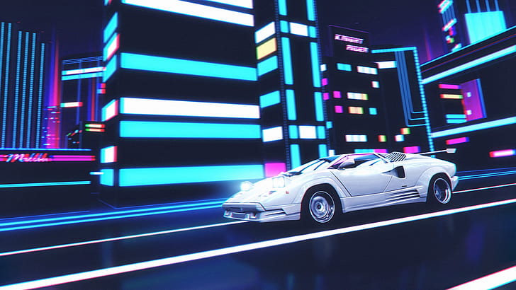 Lamborghini Countach, artwork, car, vehicle, digital art, Retrowave