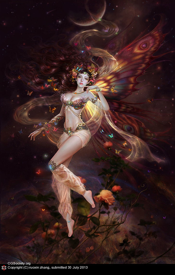Beautiful, butterfly, fairy, fantasy, flower, girl, Magic, wing, HD wallpaper