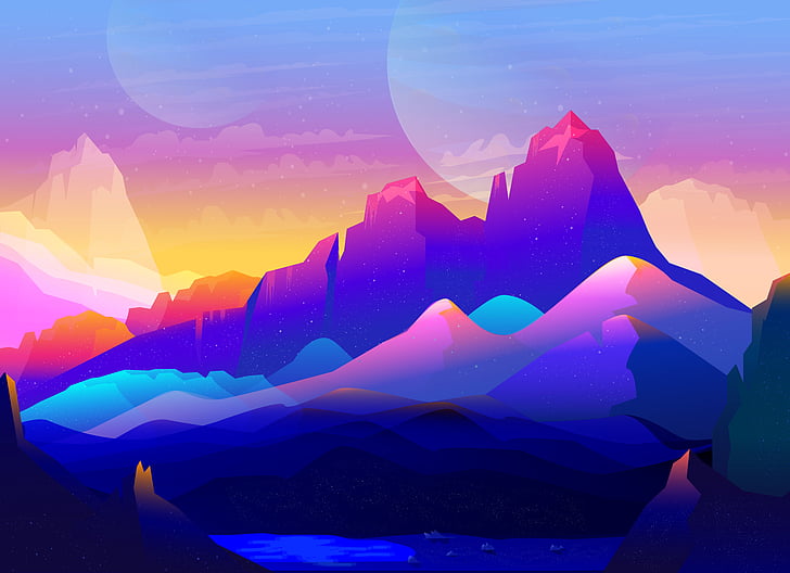 Mountains, Neon, Illustration, Colorful, Rocks, HD, HD wallpaper
