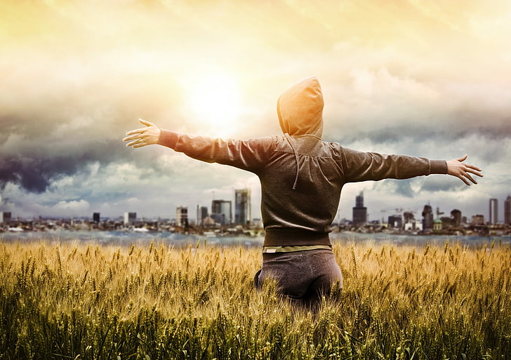 gray hoodie, people, field, human arm, limb, sky, arms outstretched