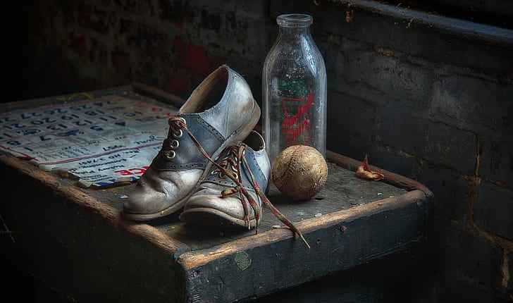 old, shoes, baseball, bottles