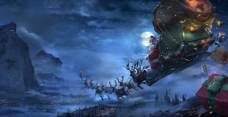 Santa Claus and Reindeer's wallpaper, winter, snow, flight, night, HD wallpaper