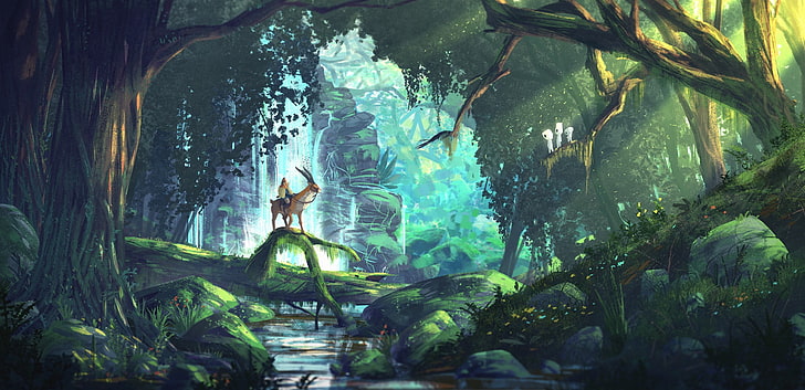 green leafed tree illustration, fantasy art, anime, forest, Princess Mononoke