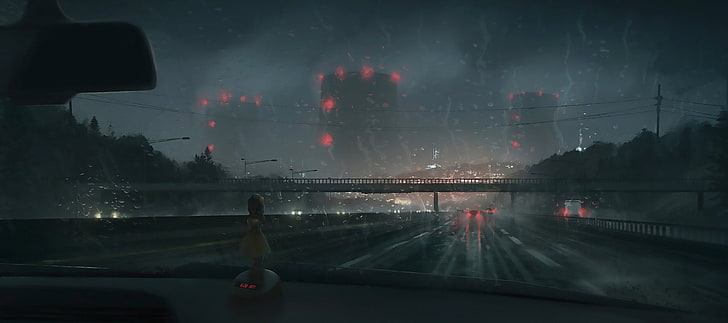 Anime, Original, Night, Rain, vehicle interior, transportation