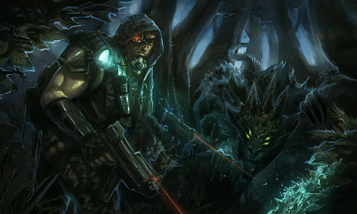 Fantasy Art, Warrior, Guns, soldier holding laser gun illustration
