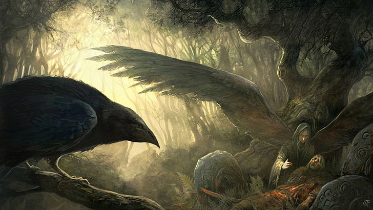 winged character and crow digital wallpaper, painting, Vikings