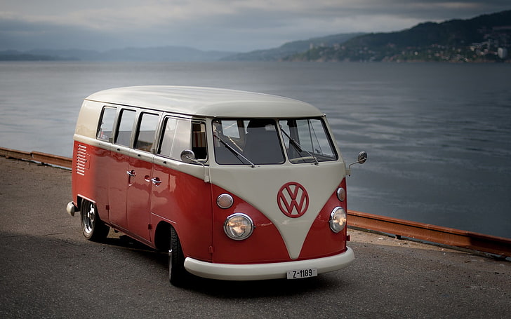 car, Volkswagen, street, road, buses, vintage, sea, coast, hills, HD wallpaper