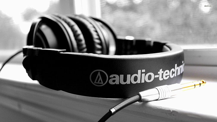 black Audio-Technic corded headphones, audio-technica, monochrome