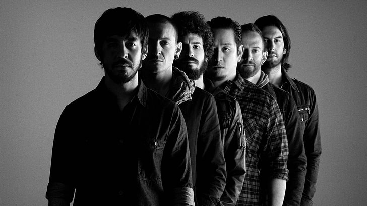 Linkin Park group, rock band, bw, people, men, black And White