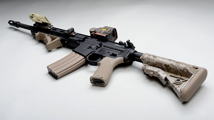 black and brown camouflage rifle, Machine, light background, assault rifle
