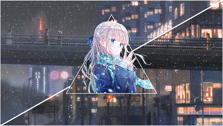 anime, anime girls, picture-in-picture, snow, scarf